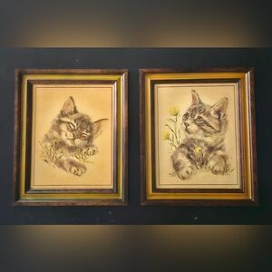 Vintage Set of Cat / Kitten Wall Art Prints in two-tone Wood Frames